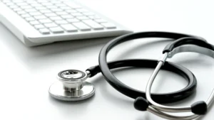 Stethoscope and keyboard on a desk representing Medicare therapeutic shoe billing documentation review